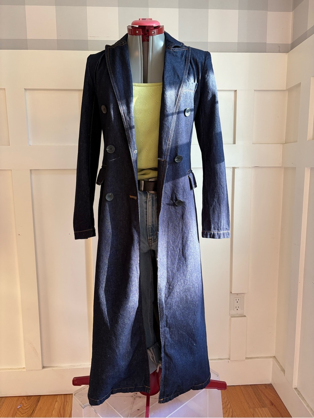 Avec Les Filles Dark Navy Long Denim Trench Coat with Button Front XS - Picture 8 of 11